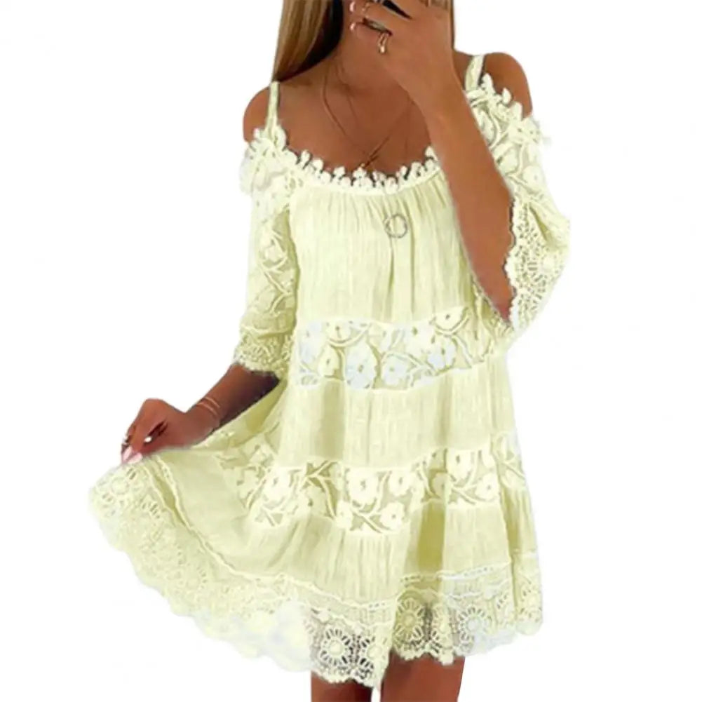 FLONIFY Crochet Lace Cold Shoulder Mini Dress