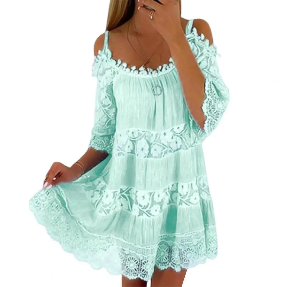 FLONIFY Crochet Lace Cold Shoulder Mini Dress
