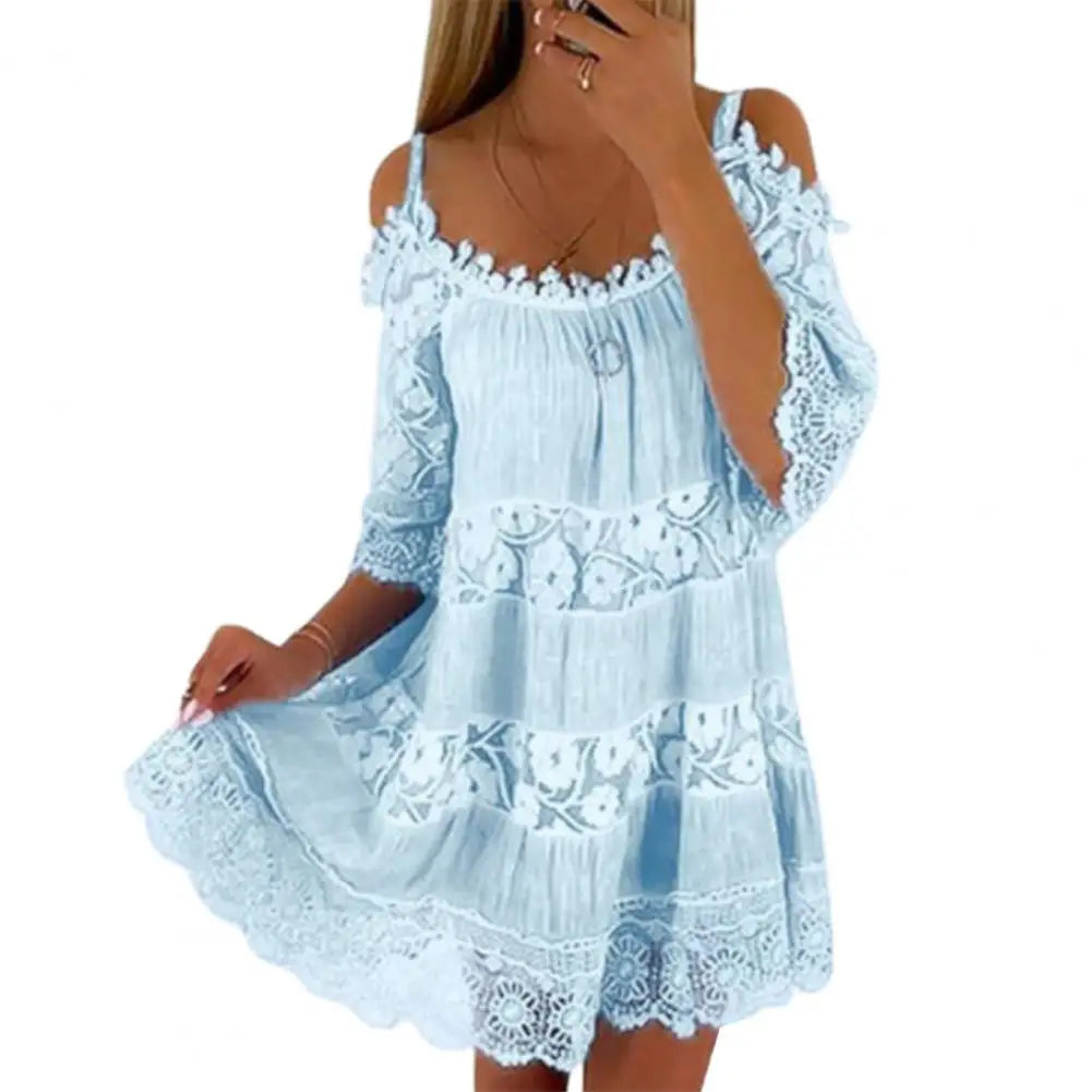 FLONIFY Crochet Lace Cold Shoulder Mini Dress